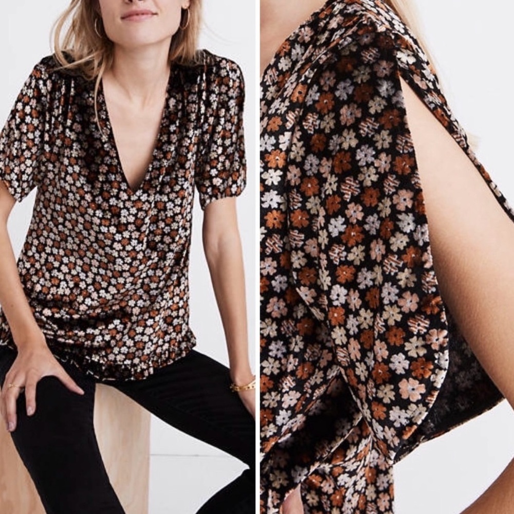 Madewell Floral Velvet V-Neck Top with Tulip Sleeve